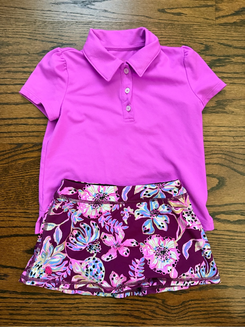 Lilly Pulitzer Girls' Bright Pink Polo Top and Floral Skort Set
